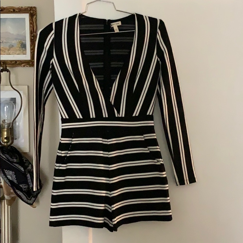 Urban plunging neck short jumpsuit w stripes